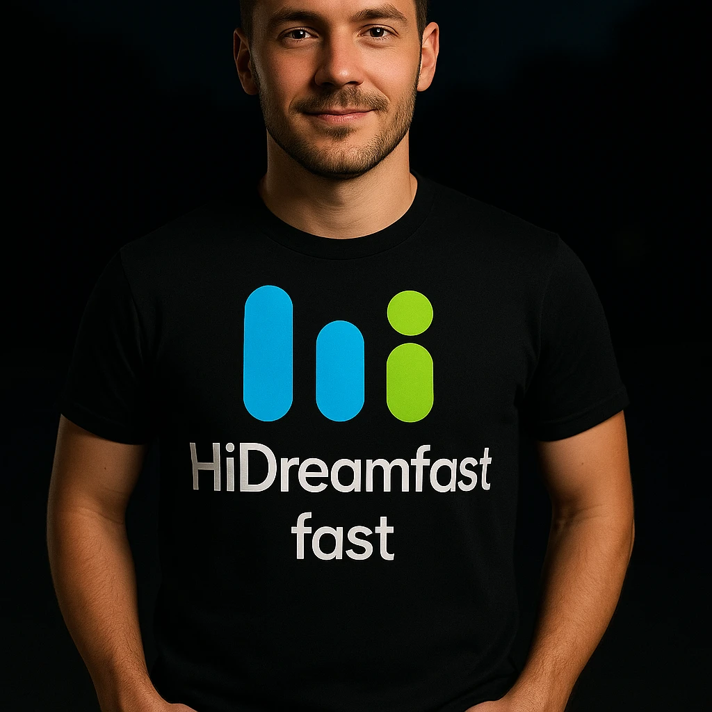 man wearing tshirt with this logo, dark night background with dim , add fast below logo, make man fit into image emoji