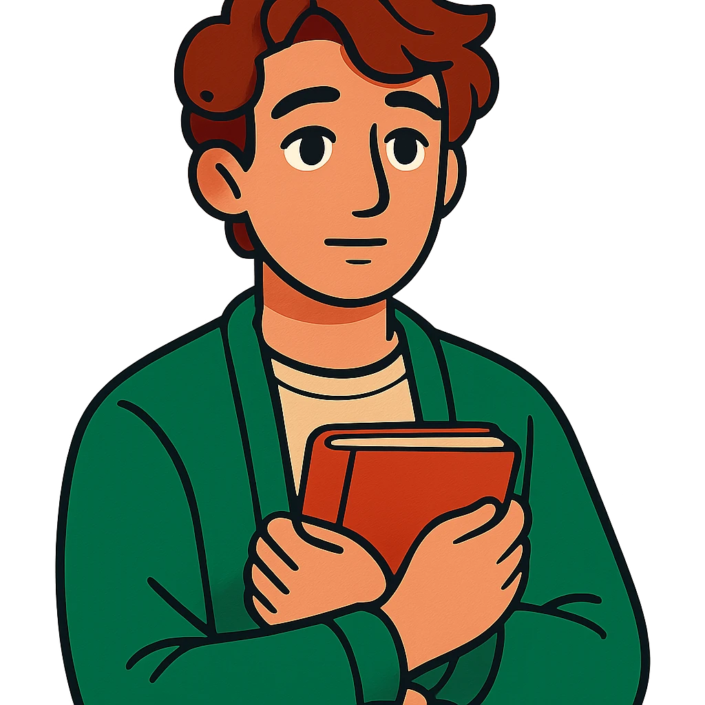 Calm and thoughtful male confidant, fair skin, soft wavy brown hair, gentle eyes, wearing a green cardigan over a light shirt, holding an open journal close to chest, waist-up, front-facing, pure background emoji