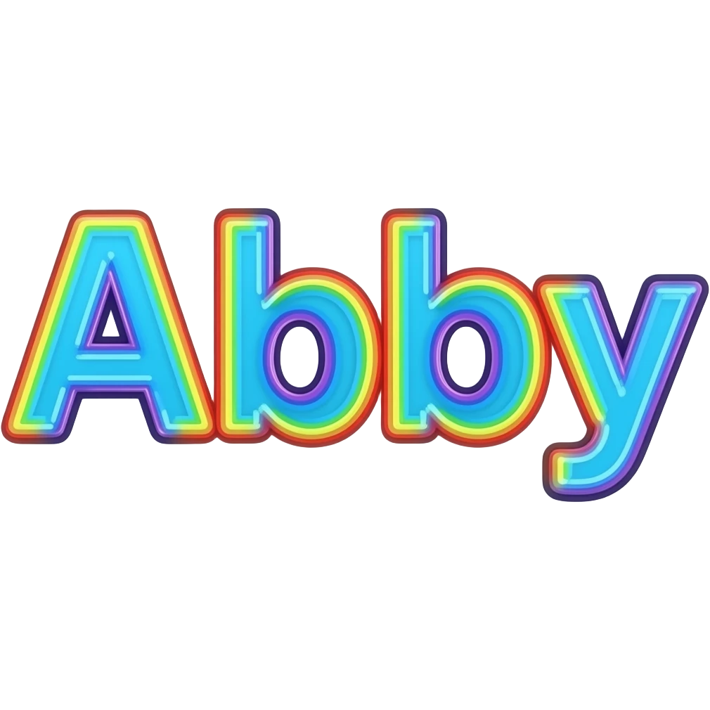 name "abby" in neon blue, 3D style typography lettering, each color of the rainbow as a border outlined around each letter, isolated, 3d rendering, no emoji icons no emoji faces and must have no human figures emoji