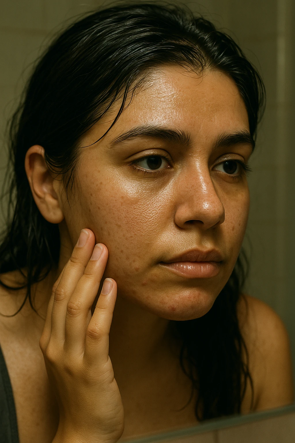 A highly realistic, cinematic close-up portrait of a young woman in her late 20s with medium skin tone, showing visible oily skin and enlarged pores on her cheeks, nose, and forehead. Her skin has a noticeable shiny appearance due to excessive sebum production, and small acne spots are visible along her jawline and chin, indicating hormonal imbalance. Her dark hair appears greasy, clumping in some areas near her scalp, emphasizing unwashed, oily hair due to overactive sebaceous glands caused by PCOS. The woman looks at herself in the mirror with a tired yet hopeful expression, gently touching her cheek with her fingertips as she observes her skin condition. The setting is a softly lit bathroom with natural daylight, and the reflection shows the detail of her skin texture and greasy hair strands. Style: 35mm hyperrealistic film, warm neutral tones with soft depth of field, focusing on the oily skin texture, visible pores, and greasy hair to clearly illustrate the visual symptoms of PCOS. in italiano emoji