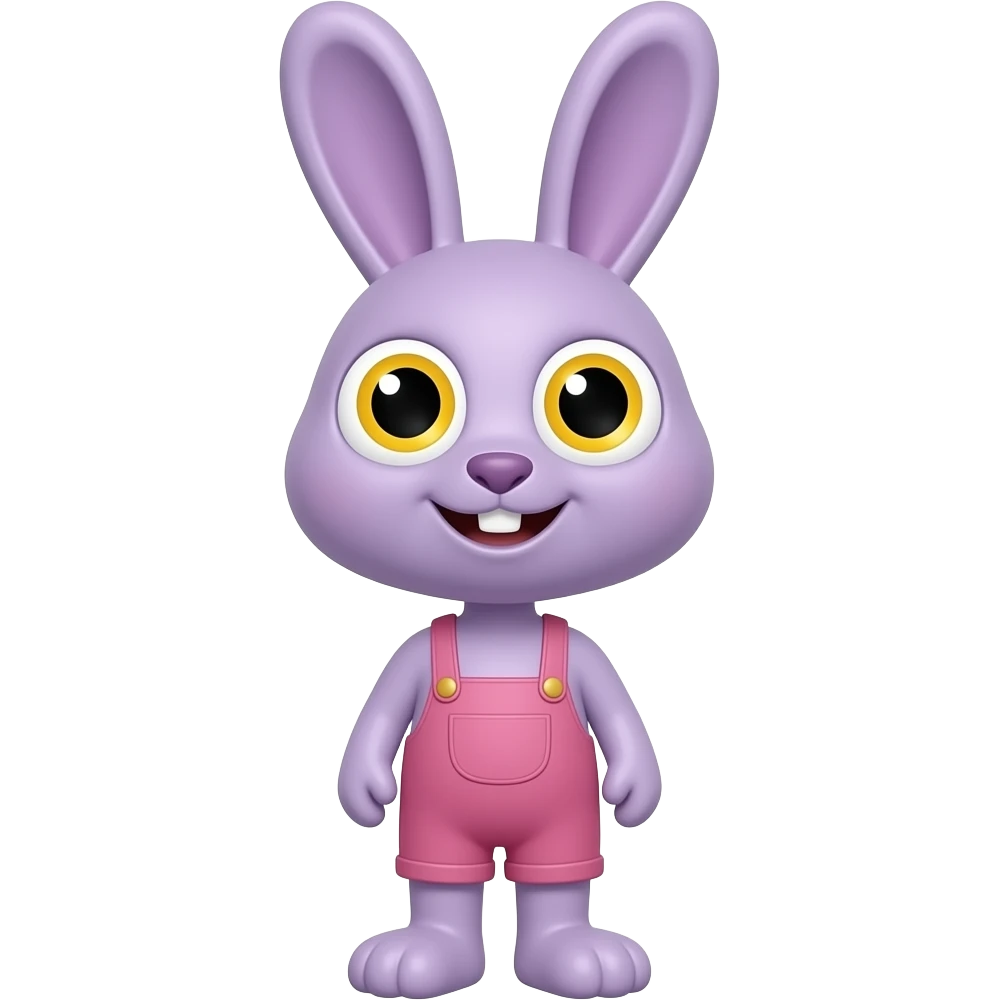 Purple cartoon bunny rabbit, with wide yellow whites of eyes, black rectangular pupils, yellow smiles, wearing pink overalls, long thin neck emoji