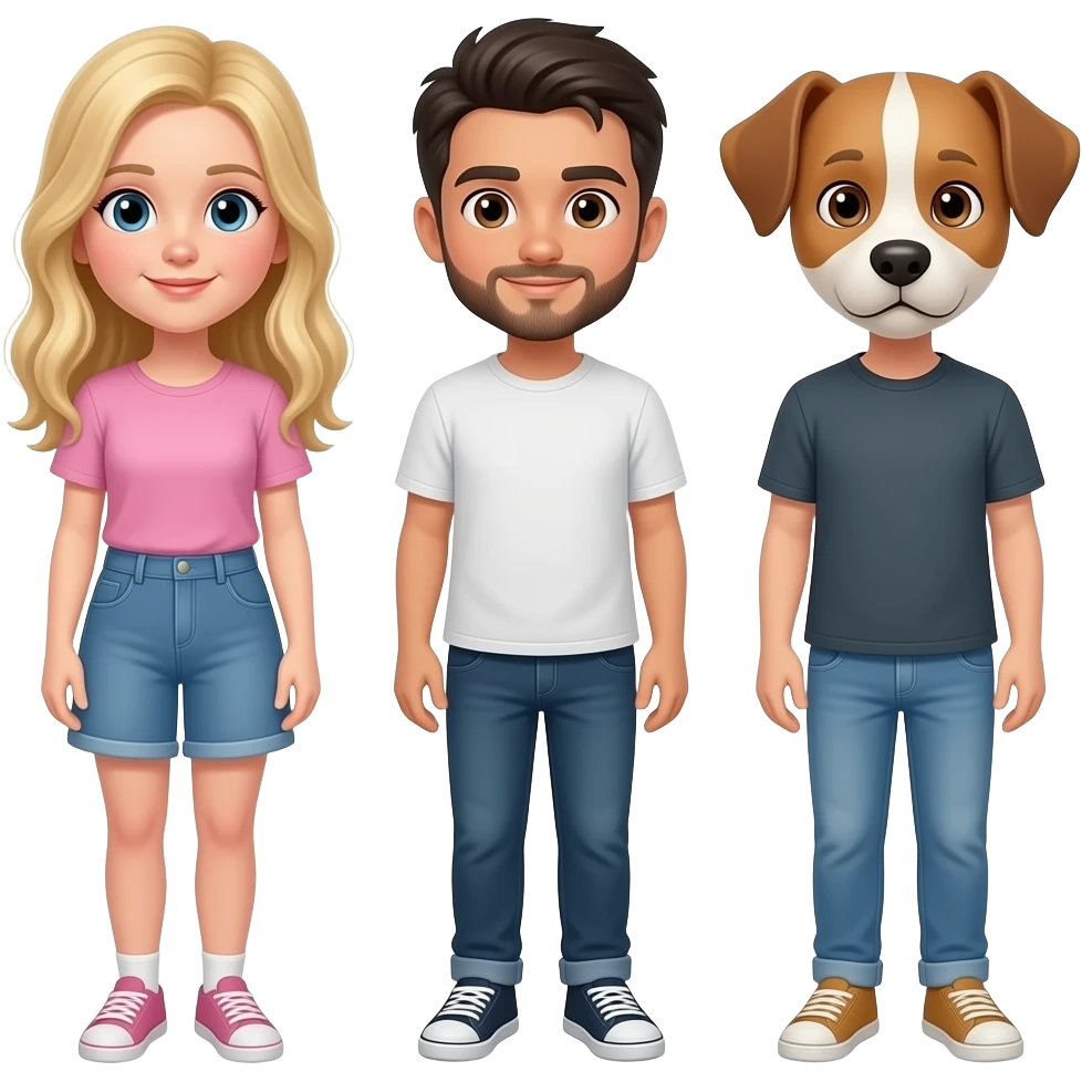 la chica pelo largo y rubia y piel blanca mediana, el chico misma piel, con barbita fina y pelo negro, y el perro como el default, orejas hacia abajo con orjas y donde los ojos marrones y entremedio blanco emoji