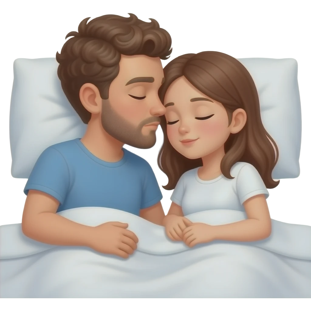 Realistic white man brown super short curly hair with beard kissing while sleeping in bed realistic white girl brown hair emoji