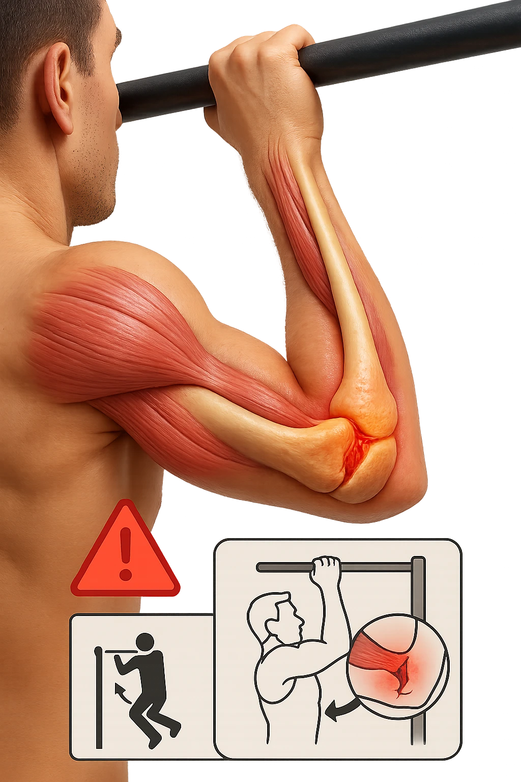 3D, vertical anatomical visualization: close-up of a man’s elbow during a pull-up, with the internal anatomy visible. A clear rupture or lesion is shown in the tendon or ligament, colored in red and orange. Swelling and inflammation are depicted around the joint. A warning icon and a small infographic explain the mechanism of injury. emoji