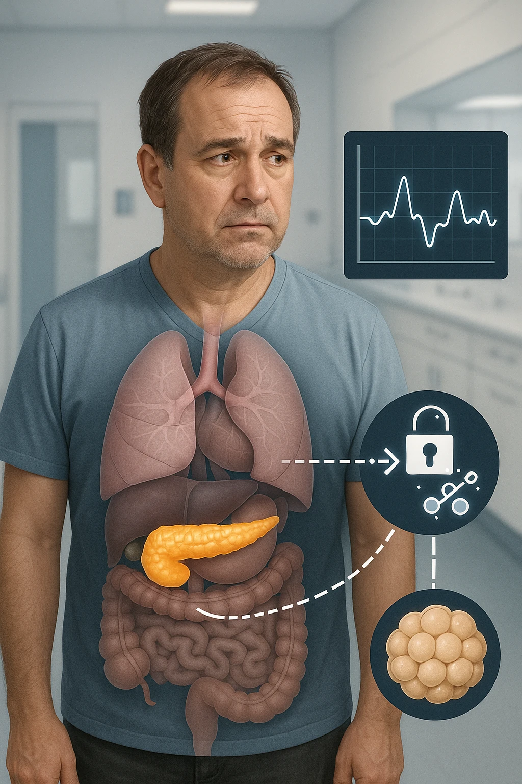 a middle-aged man stands in a clinical setting, with a semi-transparent overlay showing his internal organs. His pancreas is highlighted, and glowing lines or icons indicate disrupted insulin signaling between the pancreas and muscle or fat cells. The man’s expression is slightly concerned, and a digital chart beside him displays fluctuating blood sugar levels. The lighting is realistic, with a clean, modern medical background. in italiano emoji