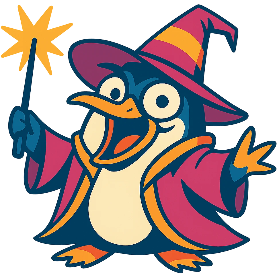 crazy wizard penguin, vibrant cartoon style, wild expression, magical hat, holding a wand emoji