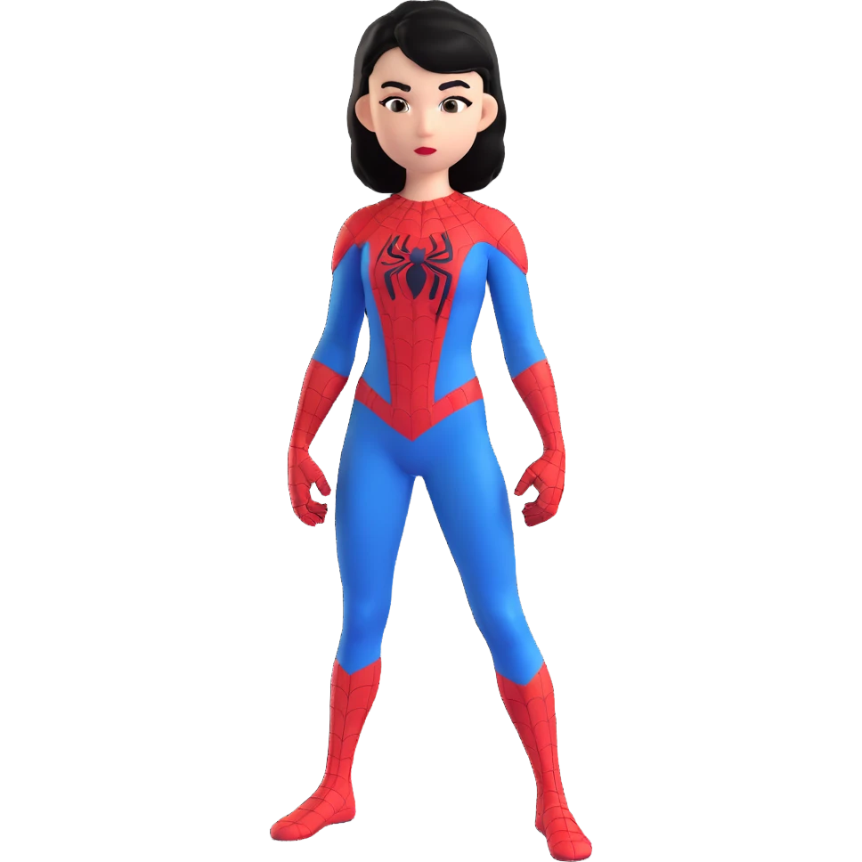 girl in a Spiderman costume, black hair, standing heroically emoji
