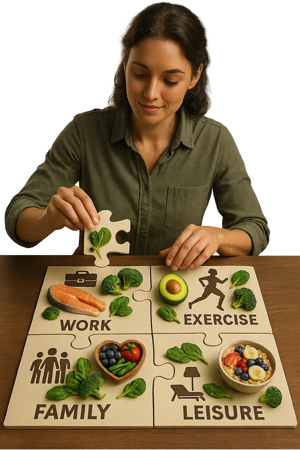 realistica cinematic photo a person is surrounded by puzzle pieces, each representing a different aspect of their life (work, exercise, family, leisure), and healthy foods are integrated into each piece. The person assembles the puzzle, creating a complete, personalized nutrition plan. The mood is uplifting and creative. in italiano emoji