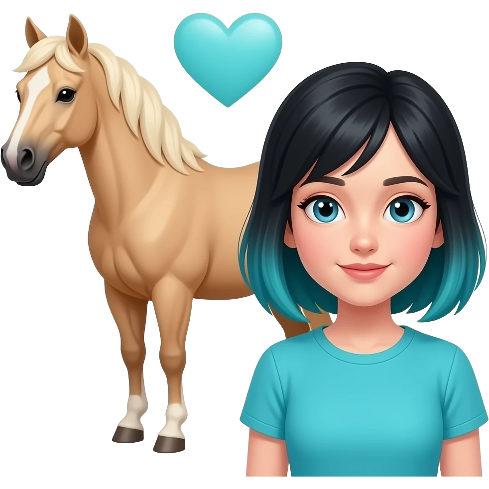 I would like an emoji with a palomino horse with and a girl with blue eyes and black and turquoise hair in turquoise shirt with an  turquoise heart in between them.  A palomino horse is a light tan color with blonde hair emoji