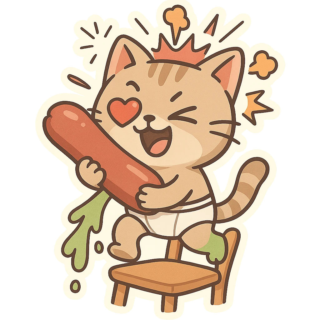 silly cat in underwear, walking on a chair, with a huge sausage, one heart eye, green vomit from its leg, head bursting with cartoon effects emoji