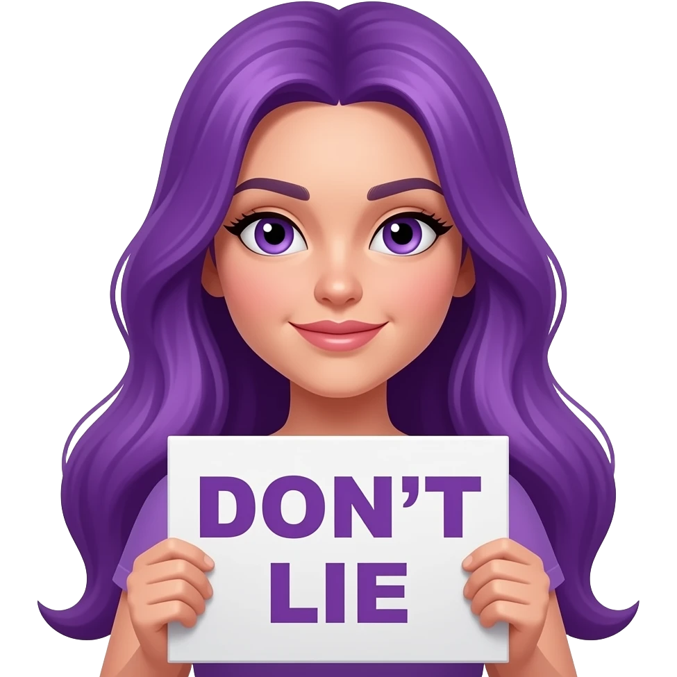 sexy girl with long purple hair and purple eyes holding DON'T LIE sign emoji