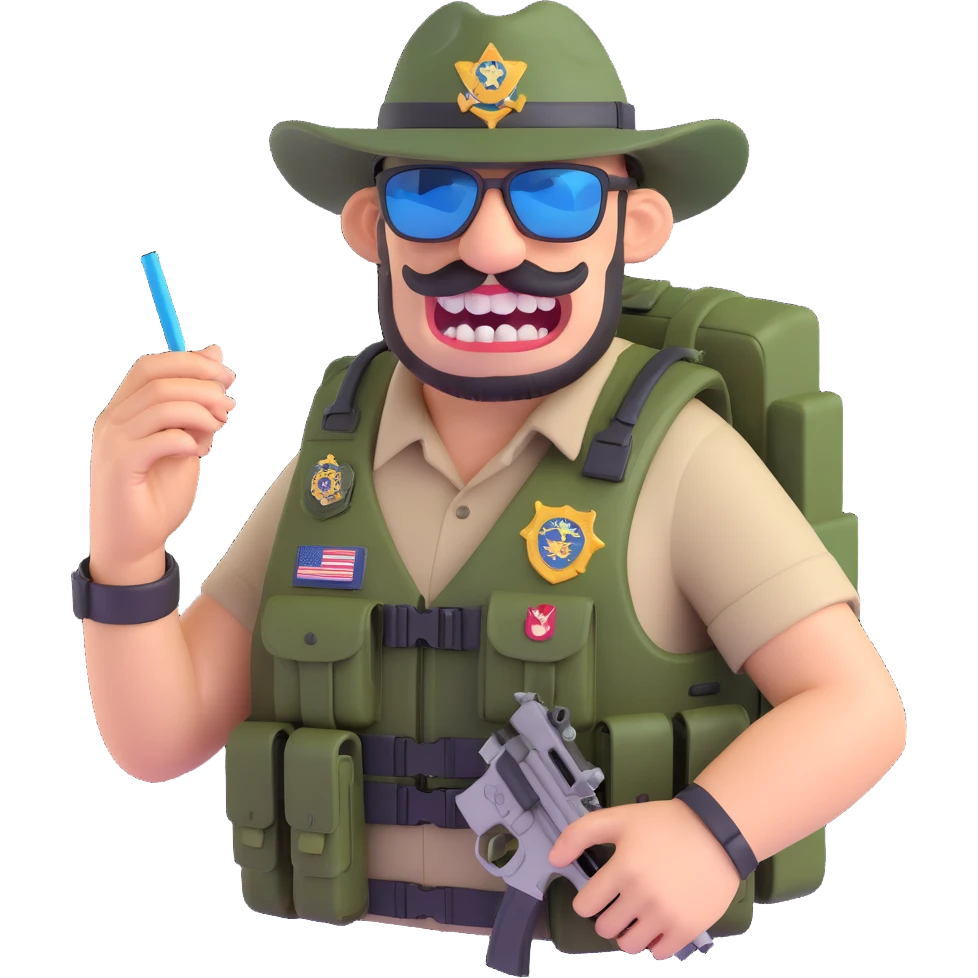 large goofy federal agent big buck teeth overloaded tactical vest gadgets redneck vibe chewing straw camo hat sunglasses 3D playful style emoji
