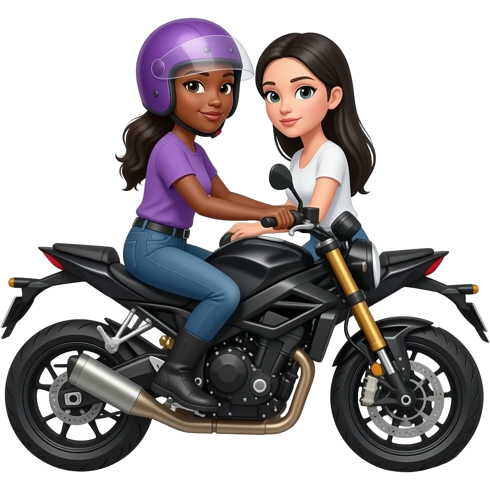 Mujer de tez morena cabello largo negro y casco lila y mujer de tez blanca de cabello negro lacio largo en moto negra emoji