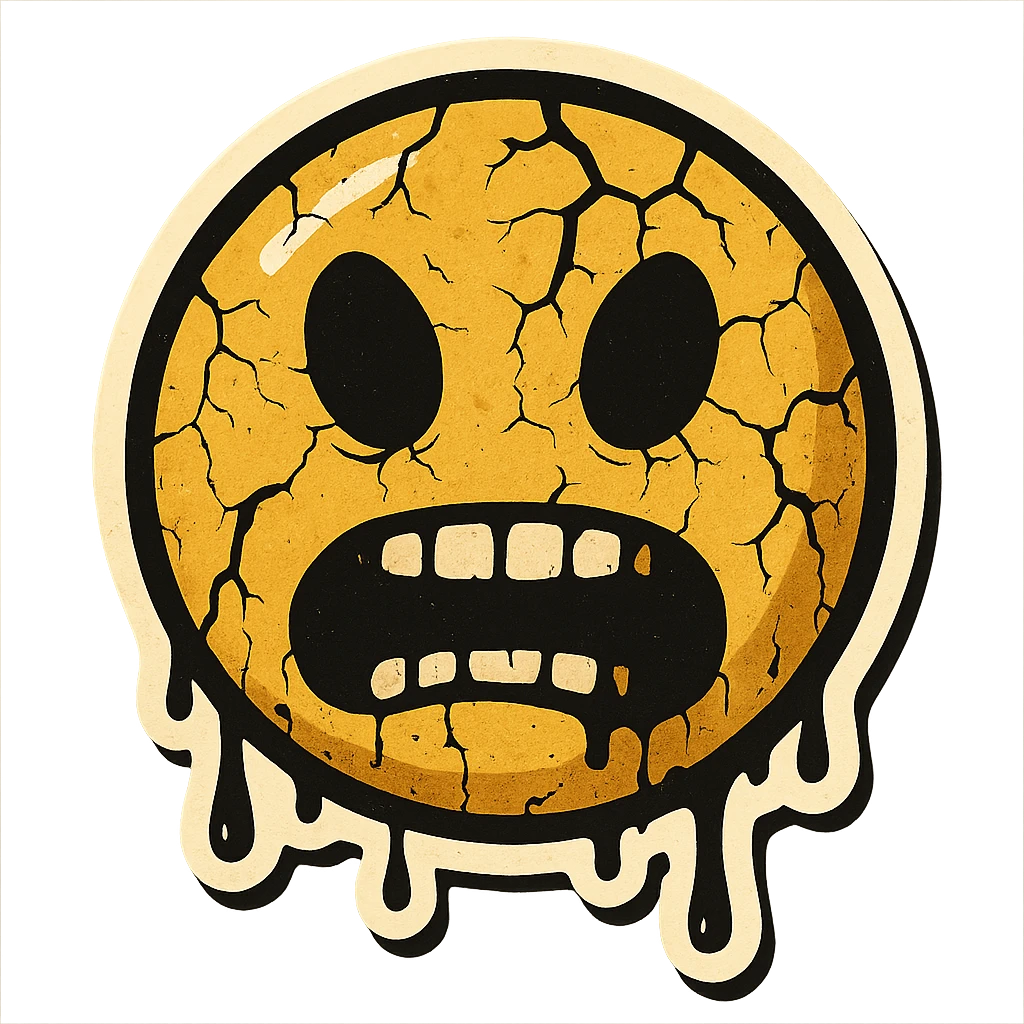 scary emoji with cracks, drips and chips, retro stickers style, sharp black outlines, clear shadows and highlights, no gradients emoji