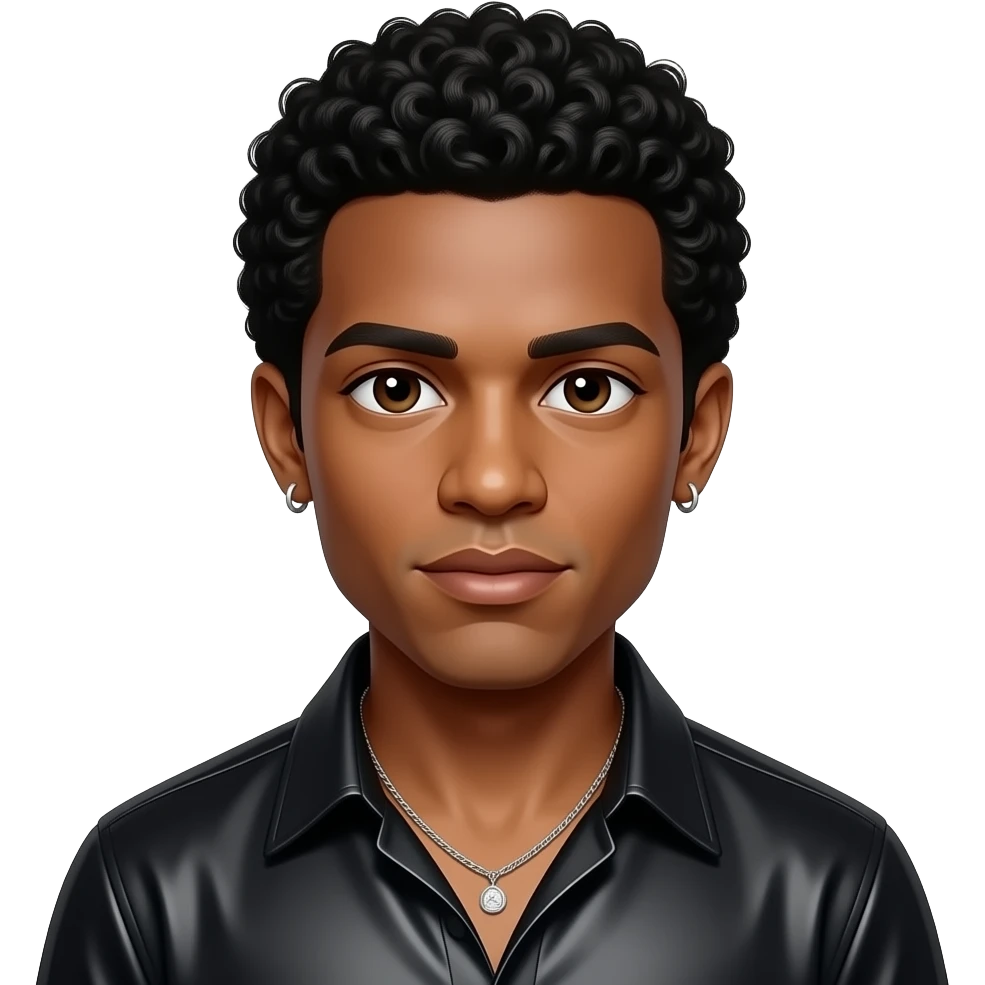 Maxwell, R&B Singer (b.1973) with dark brown eyes, black afro hair, black metallic shirt, silver necklace and short earrings emoji