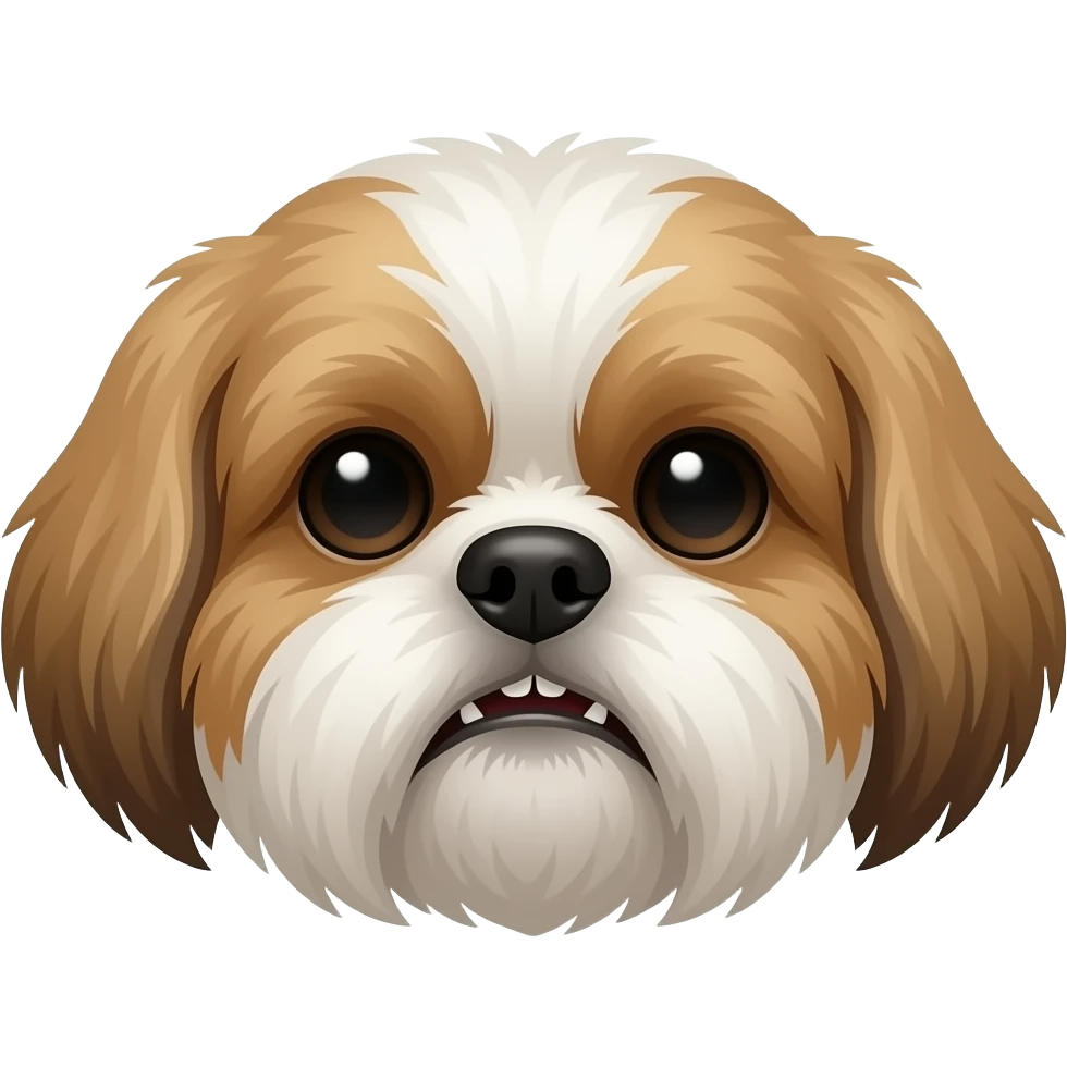 Brachycephalic female shitzu dog face with lower teeth showing emoji