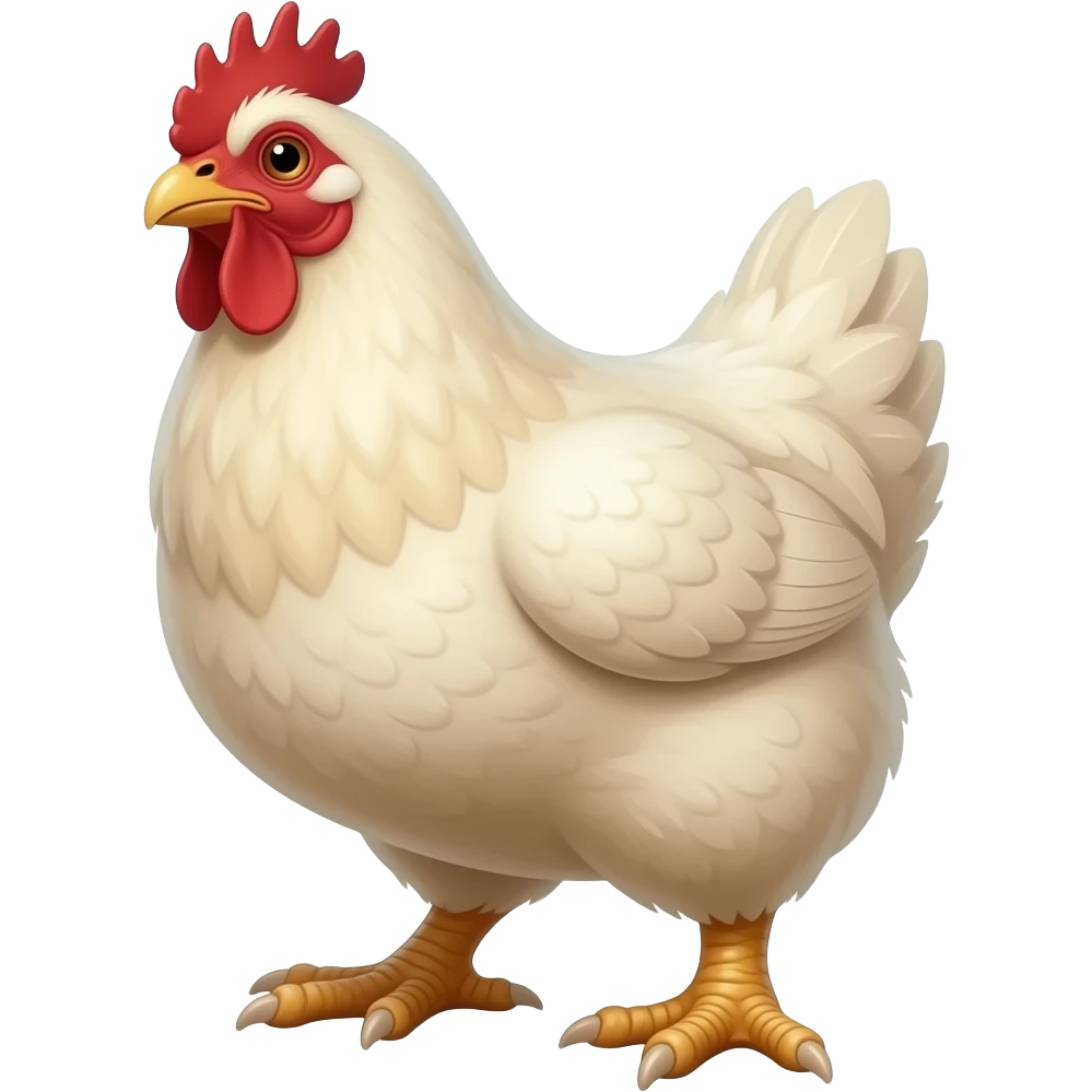 cinematic realistic - The huge ivory hen has thick male feet like a Hobbit, depicted at a 45-degree angle. emoji
