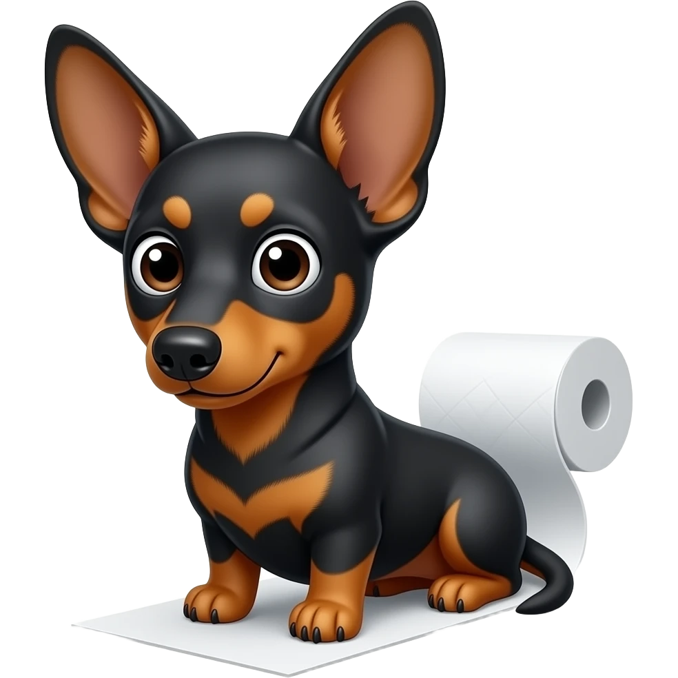 whimsical dachshund wide eyes full body sitting on a toilet paper ears up emoji