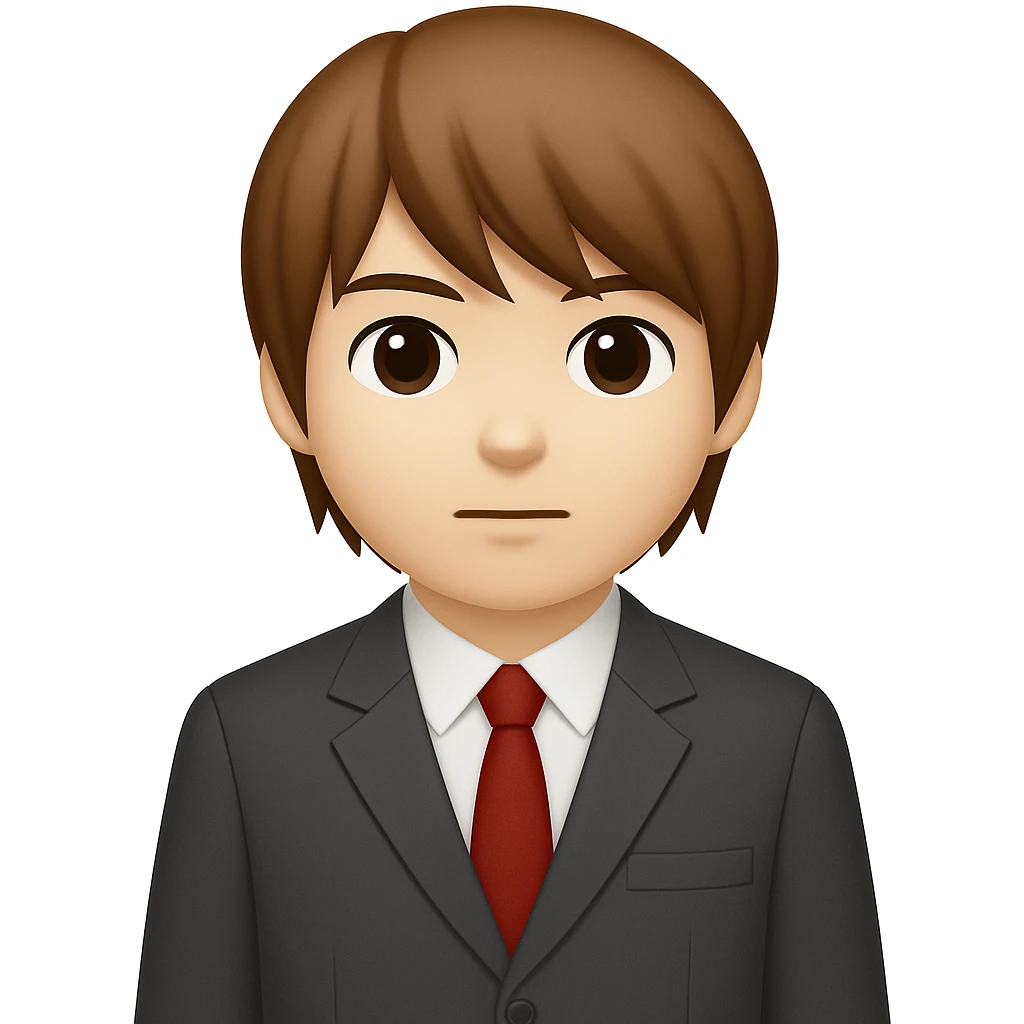 Create an image of Light Yagami from Death Note in apple emoji style. He has brown hair, wears a school uniform, stands with arms at his sides, and has a neutral expression. The style should resemble apple emojis. emoji