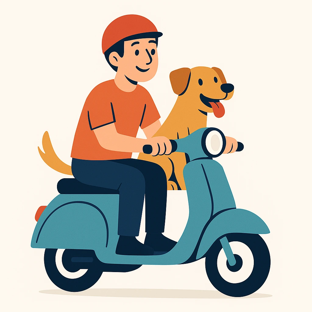 vector art of a man and his pet dog riding a vespa, for website design emoji