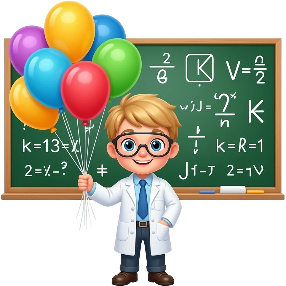 LITTLE BLOND SCIENTIST STANDING ION FRONT OF GREEN BOARD WITH MATH SYMBOLS AND BIRTHDAY BALLOONSDAY BALLOONS emoji