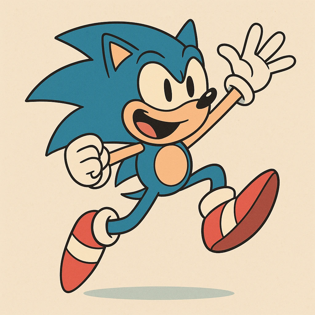 Sonic the Hedgehog, energetic pose, blue spikes, red shoes, cartoon style, vibrant colors emoji