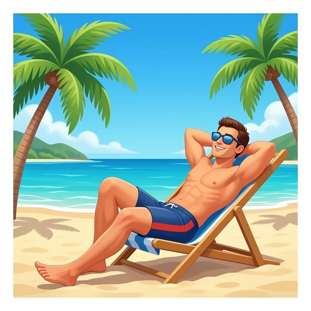 Erstelle ein Bild von einem karibischen Strand wo sich ein Mann in speedo und Sonnenbrille sonnt emoji