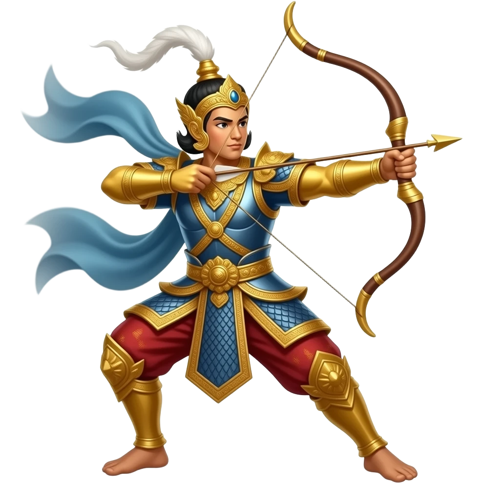 Phra Lak, the younger brother of Rama with golden skin, holding a divine bow, dynamic movement with wind trails, royal guard armor, swap ability concept, blurred motion background. emoji