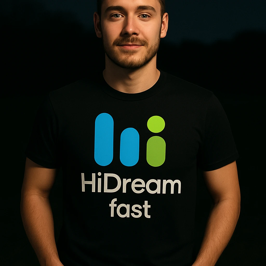 man wearing tshirt with this logo, dark night background with dim , add fast below logo, make man fit into image emoji