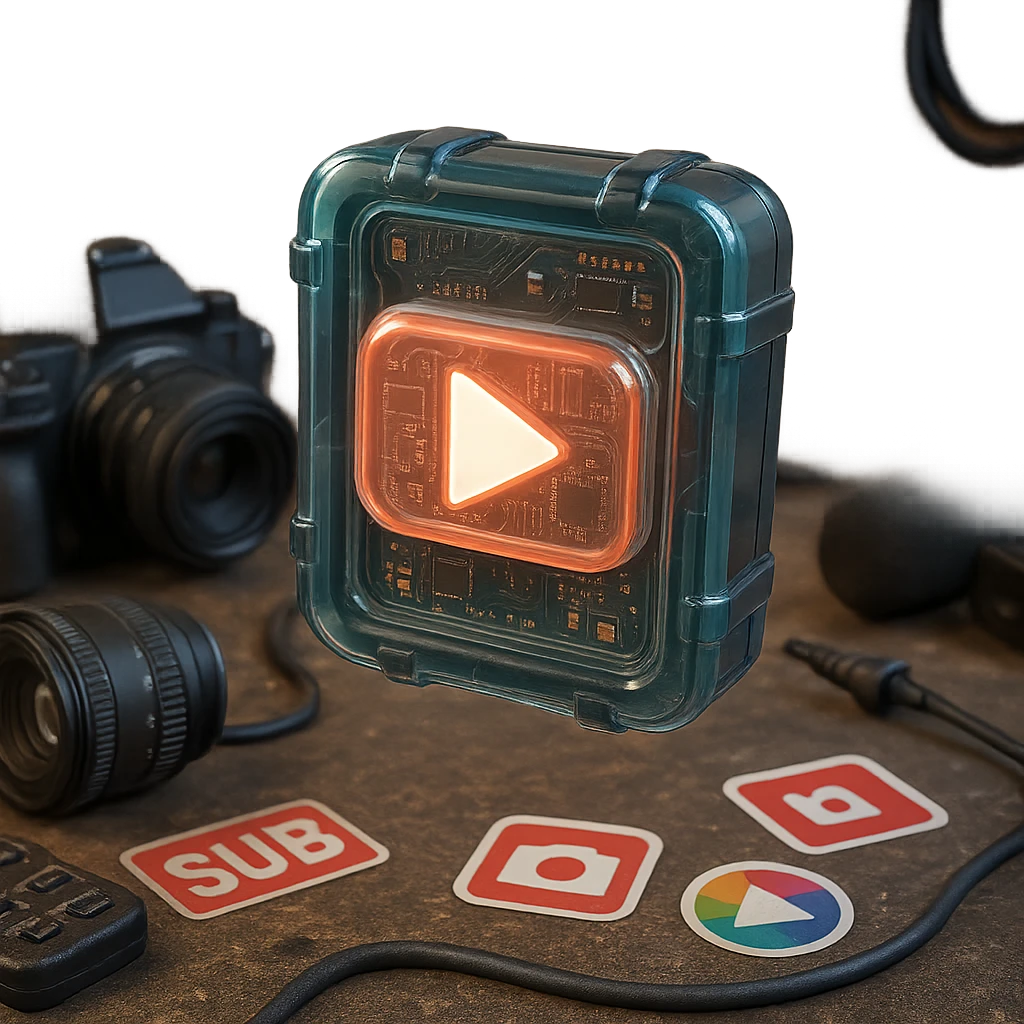 white YouTube play button inside a scratched black toolbox-like case, surrounded by video production gear, camera parts, stickers, cables, real-life artist studio, casual lighting, grounded and textured environment emoji