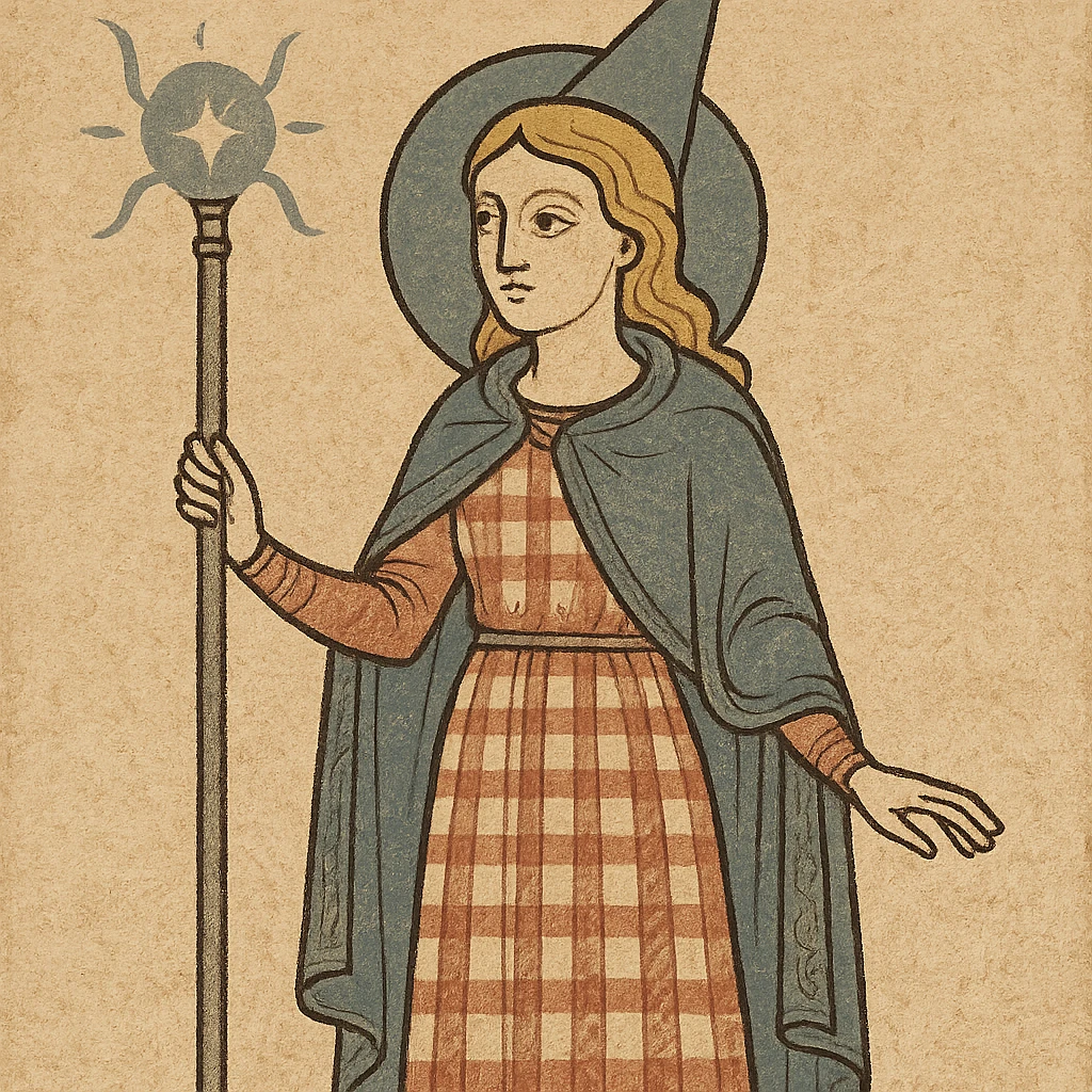 a young woman mage with golden blonde hair, in a red and white gingham dress, blue cloak and pointy hat, medieval fantasy, holding a glowing staff emoji