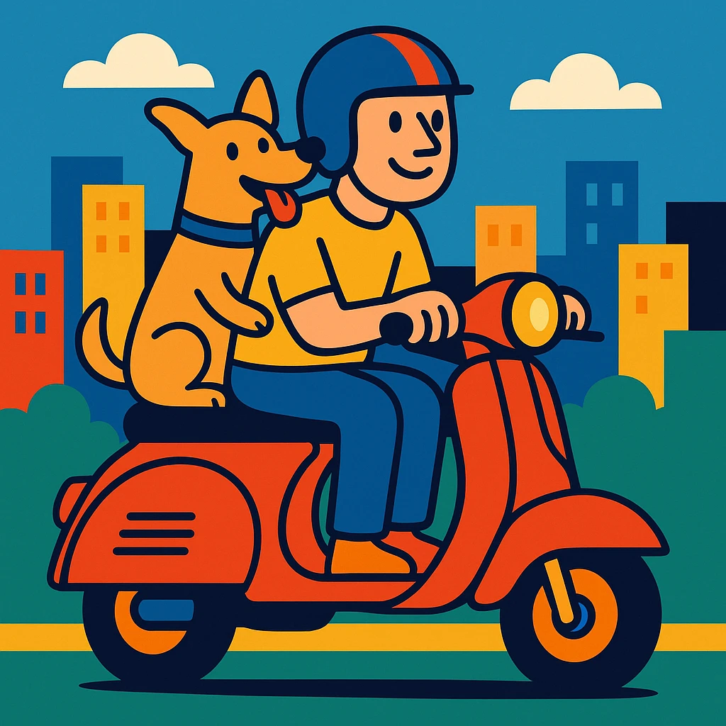man and his pet dog riding a vespa emoji