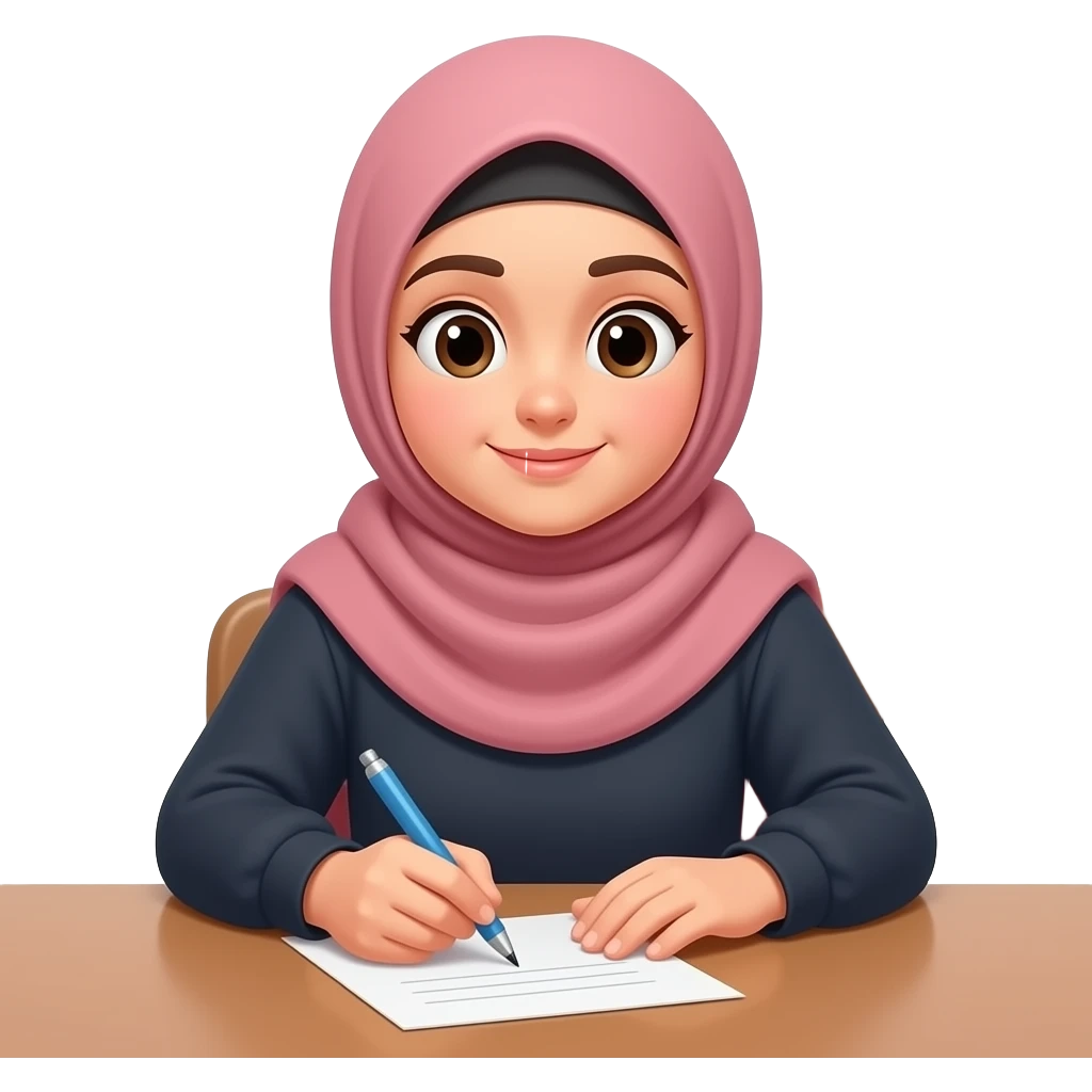 Hijabi girl writing letter on table im Raum emoji