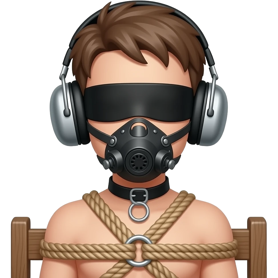 Bondage boy naked blindfolded chair tied muzzle earmuffs emoji