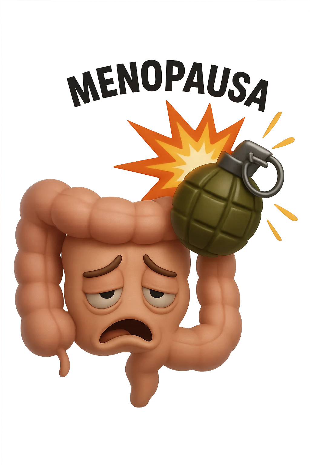 EMOJI STILE IPHONE 3D DI INTESTINO SFINITO CON ESPRESSIONE STANCA, ACCANTO A LUI SCOPPIA UNA GRANATA 3D CON LA SCRITTA "MENOPAUSA" SOPRA emoji