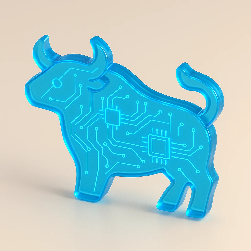minimalist bull icon, electric blue, integrated circuit lines, glossy circuit style emoji