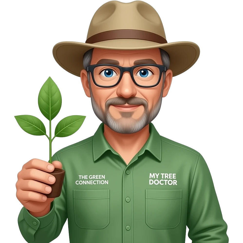 middle-aged man blue eyes. Dark rectangle glasses, in a green-collared, long-sleeve shirt.  Flatter wider-brim Australian Akubru hat. Holding a small sapling tree. Insert 'THE GREEN CONNECTION' in white directly onto the left pocket & onto the right pocket, place only the words 'MY TREE DOCTOR' emoji