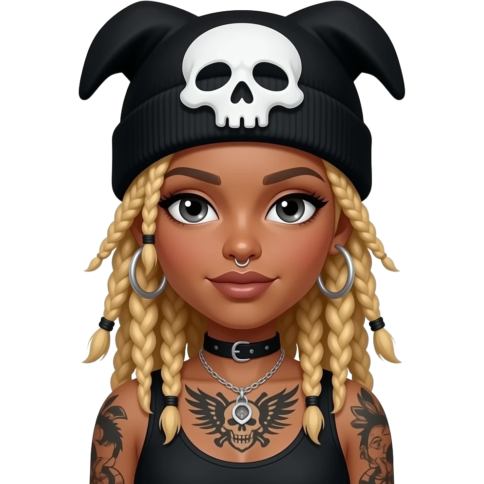 Black girl with blonde locs, hoop earrings, nose piercing, tattoos and black scull hat emoji