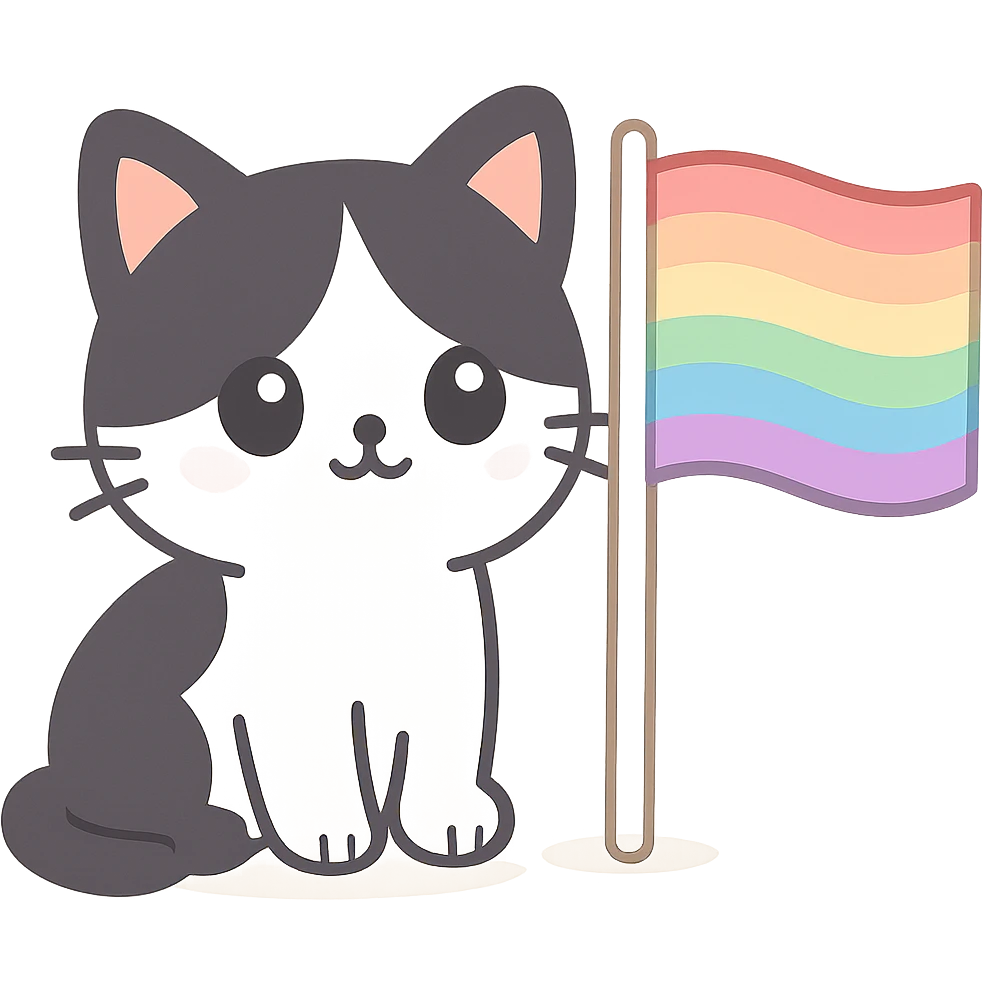 black and white cat sitting next to a waving LGBT flag, cute style emoji