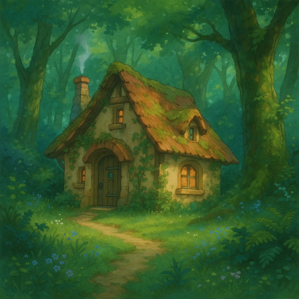 small cottage in a magical forest, ghibli style emoji