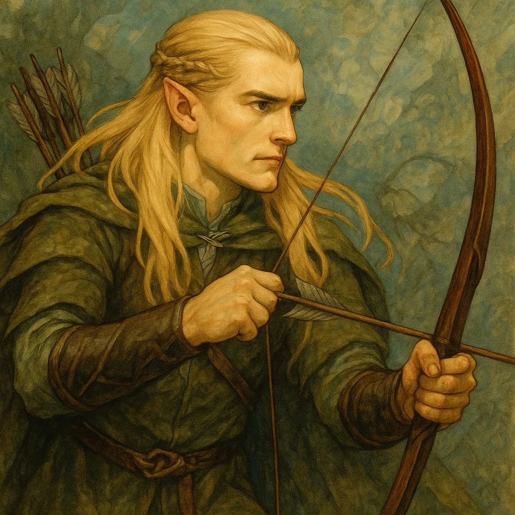 Legolas, an elf with long blond hair, pointed ears, and a bow, fantasy illustration style emoji
