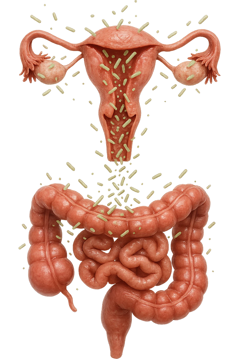 UTERO UMANO E INTESTINO ANATOMICI REALISTICI SONO UNO SOPRA ALL'ALTRO E SI PASSANO I BATTERI A VICENDA, CON BATTERI CHE ESCONO DALL'INTERNO, IPERREALISTICO 4K, NON DISEGNATO emoji