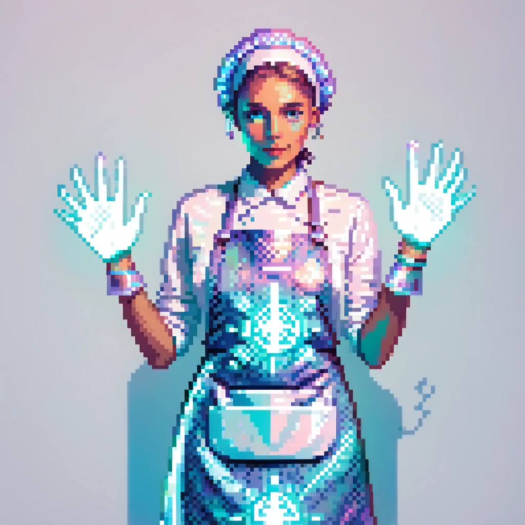 Portrait of a futuristic baker in skeuomorphism style, same pose and lighting as previous levels, wearing a translucent apron with holographic patterns, glowing hologram interface floating around hands, holding a digital whisk made of light beams, subtle neon reflections on face and clothes emoji
