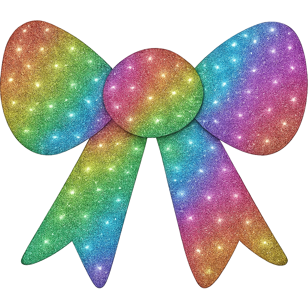 Make the decorative bow rainbow colored and covered in glitter, shiny and vibrant, no background. emoji