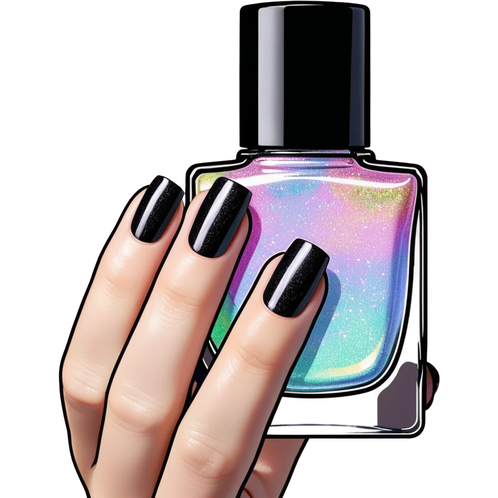 Realistic Holographic rainbow glitter nail polish, translucent bottle, black color top lid emoji