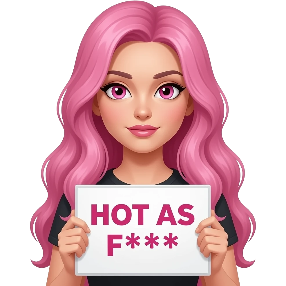 sexy girl with long pink hair and pink eyes wearing a holding a HOT AS F*** sign emoji