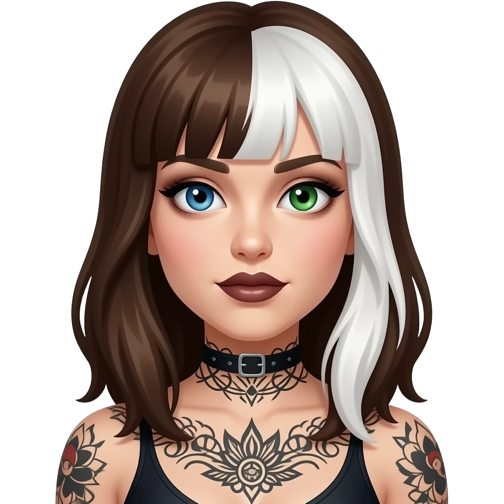 One blue eye one green eye pale white woman with brown hair with white streak in front and dark feminine makeup and body tattoos emoji