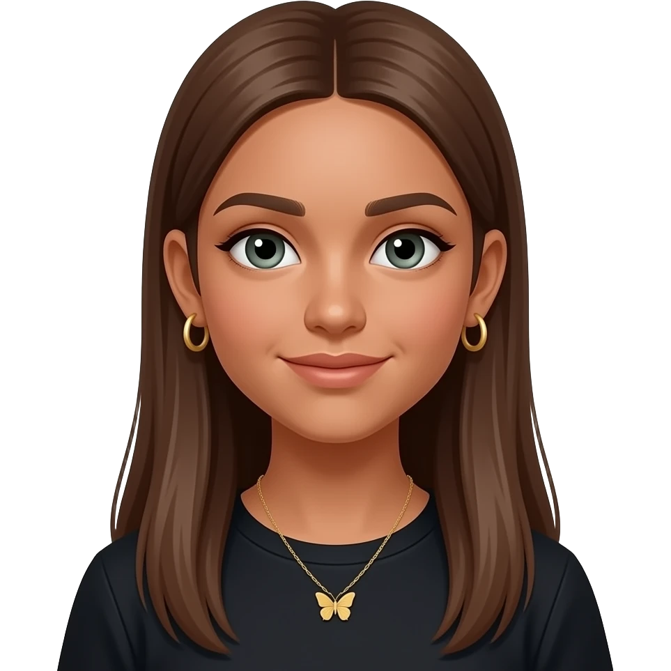 17 year old girl with very long very straight  brown hair, grey-green eyes, tanned skin, two sets of small gold hoop earrings on each ear wearing a black top and a small gold butterfly necklace emoji