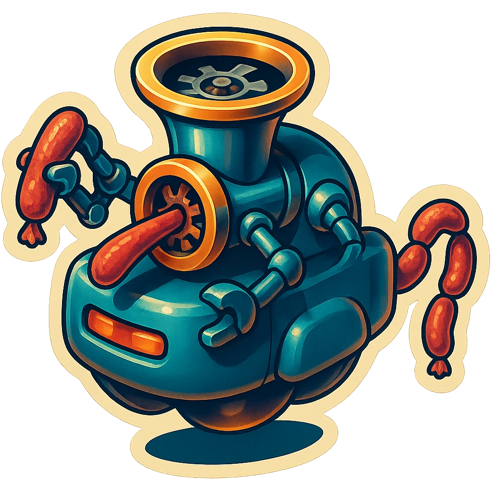 sausage-processing droid. retro-futuristic style. top is a circular industrial meat grinder with rotating gears and blades. Two robotic arms feed material into grinder. Sausage links extrude from the rear like  factory. The body is metallic, compact, and floats above the ground.no legs. Dark humor emoji