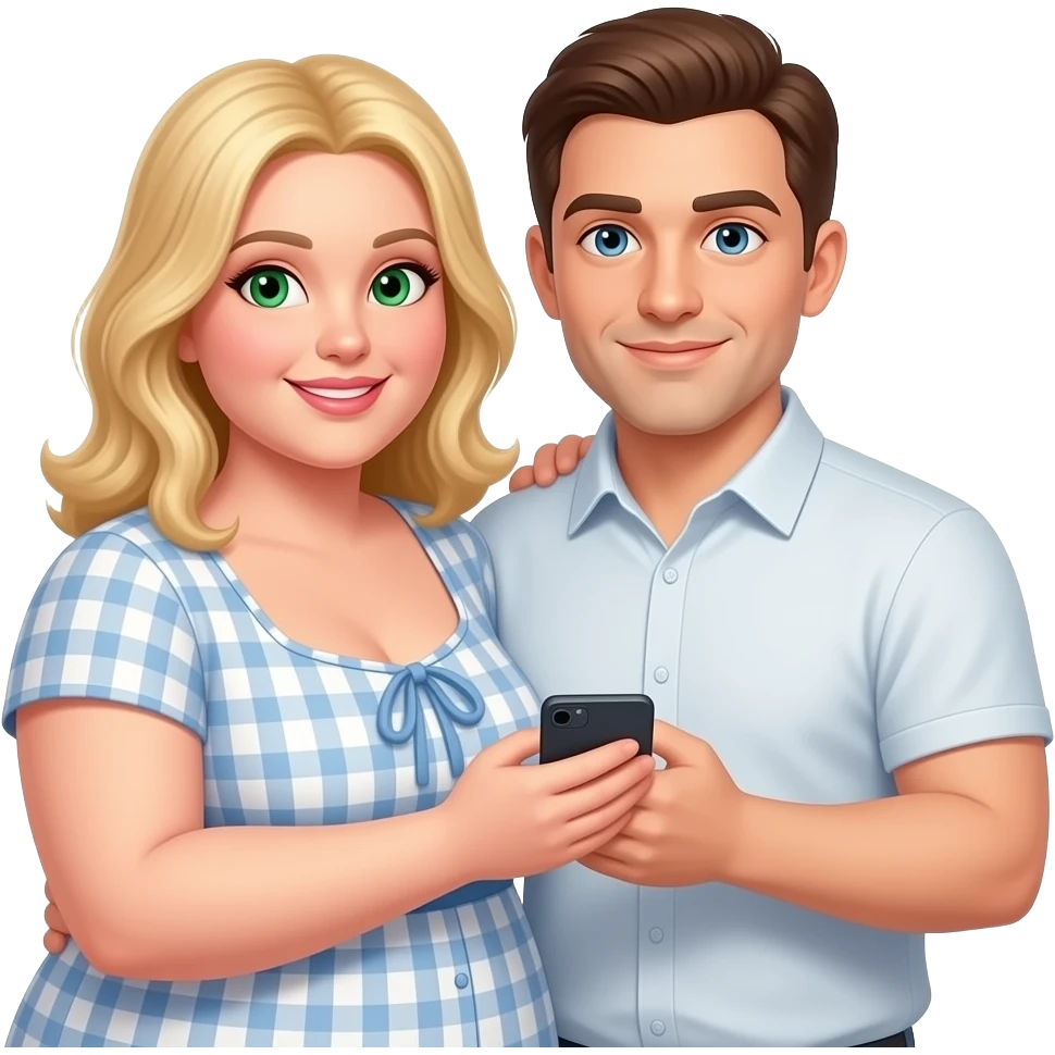A heavy set naked white woman with blond hair and green eyes holding a naked white male with brown hair and blue eyes and heavy set emoji